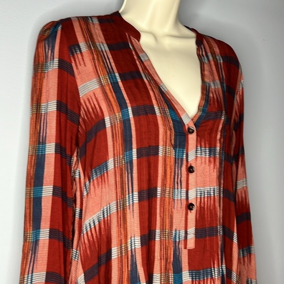 11.1.TYLHO XSMALL RUST & BLUE RAYON SHEATH LONG SLEEVED DRESS - Picture 2 of 11